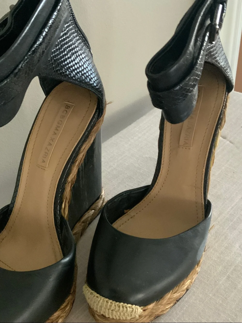 BCBGMaxAzria Black Leather Platform Espadrille Wedges